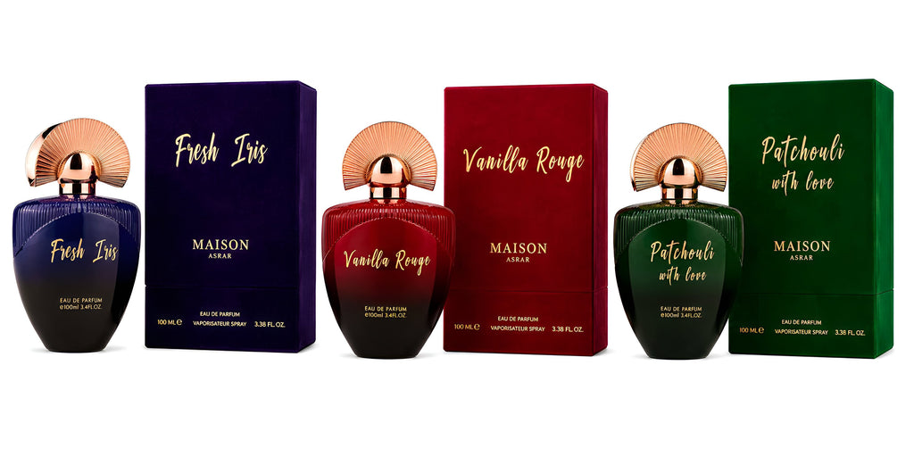 Colección Fresh Iris, Vanilla Rouge y Patchouli With Love - Maison Asrar
