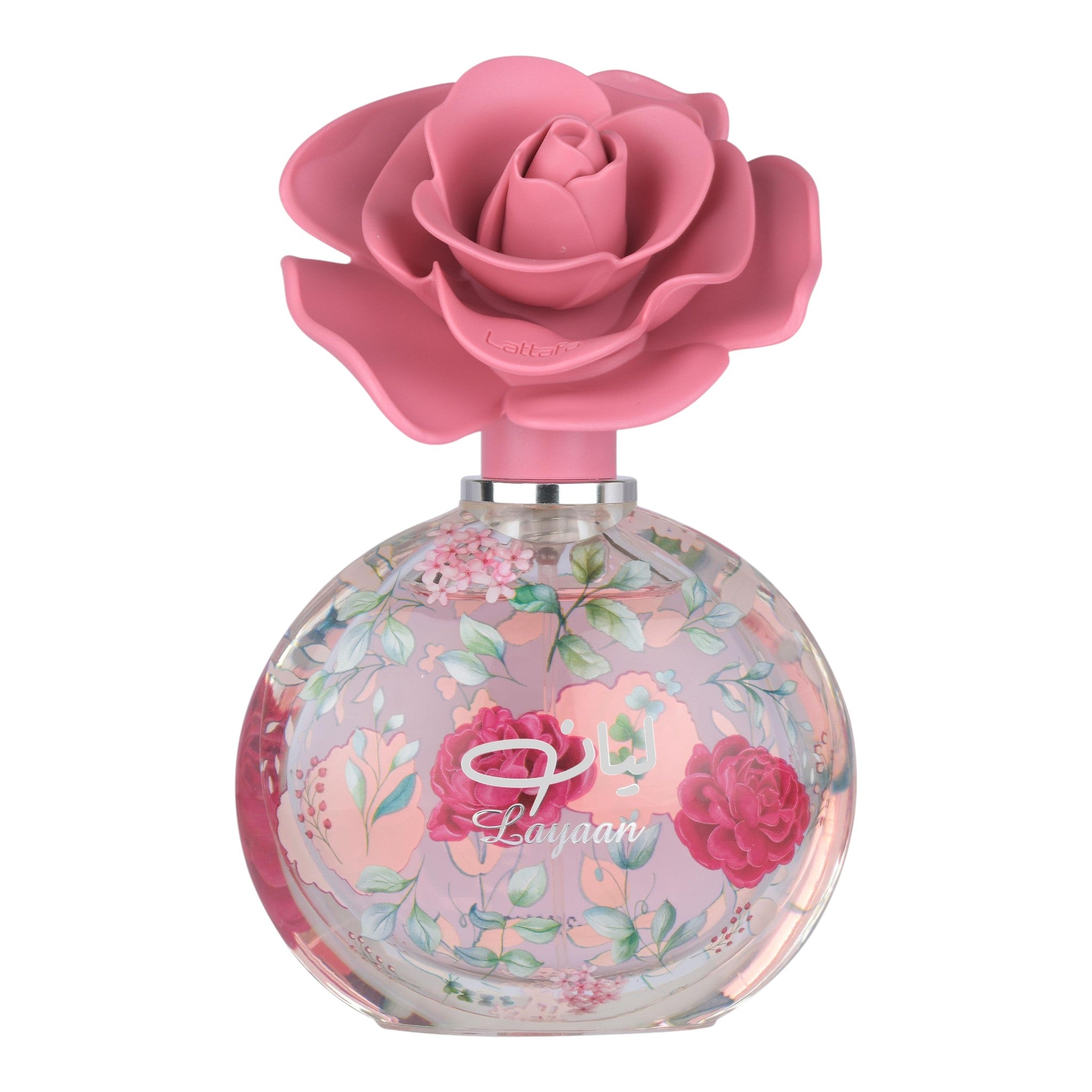 Tayf Lattafa Layaan Eau de Parfum para mujer, frasco de vidrio transparente con estampado floral rosa y verde, tapa de rosa rosa.