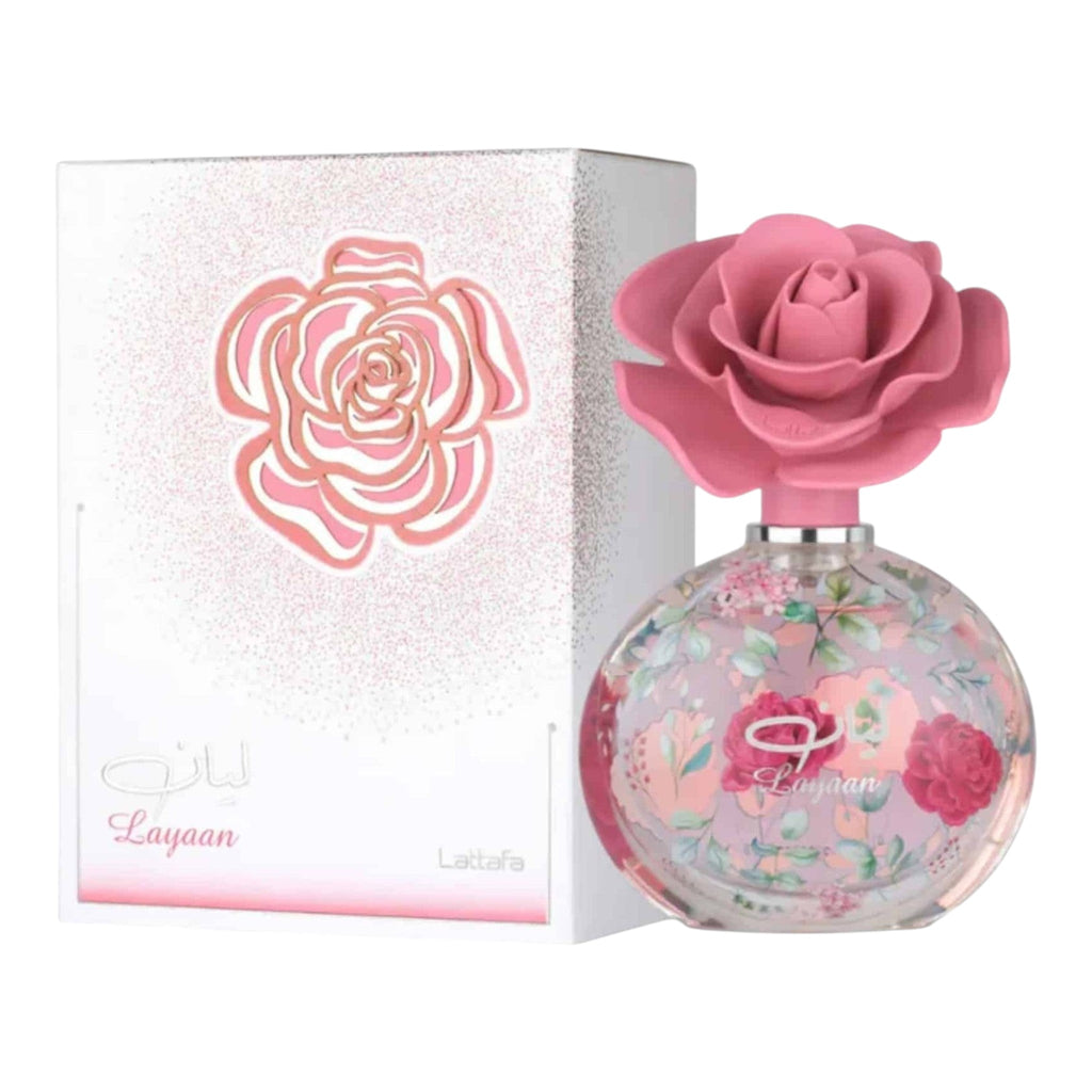 Tayf Lattafa Layaan Eau de Parfum para mujer, frasco circular con estampado floral rosa y verde, tapa de rosa rosa.