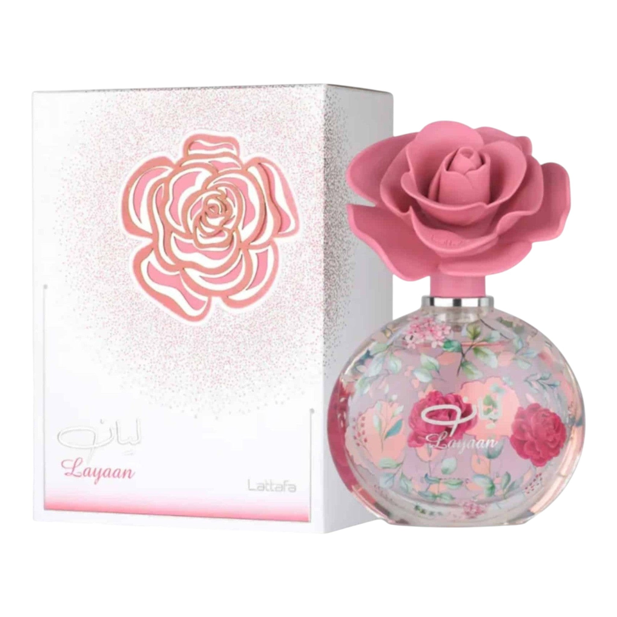 Tayf Lattafa Layaan Eau de Parfum para mujer, frasco circular con estampado floral rosa y verde, tapa de rosa rosa.